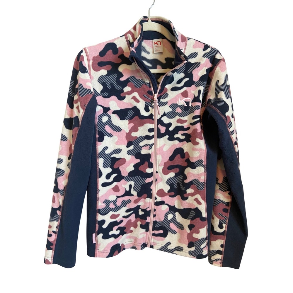 Kari Traa Womens Pink Navy Camo Full Zip Fleece Jacket Mock Neck Size Medium